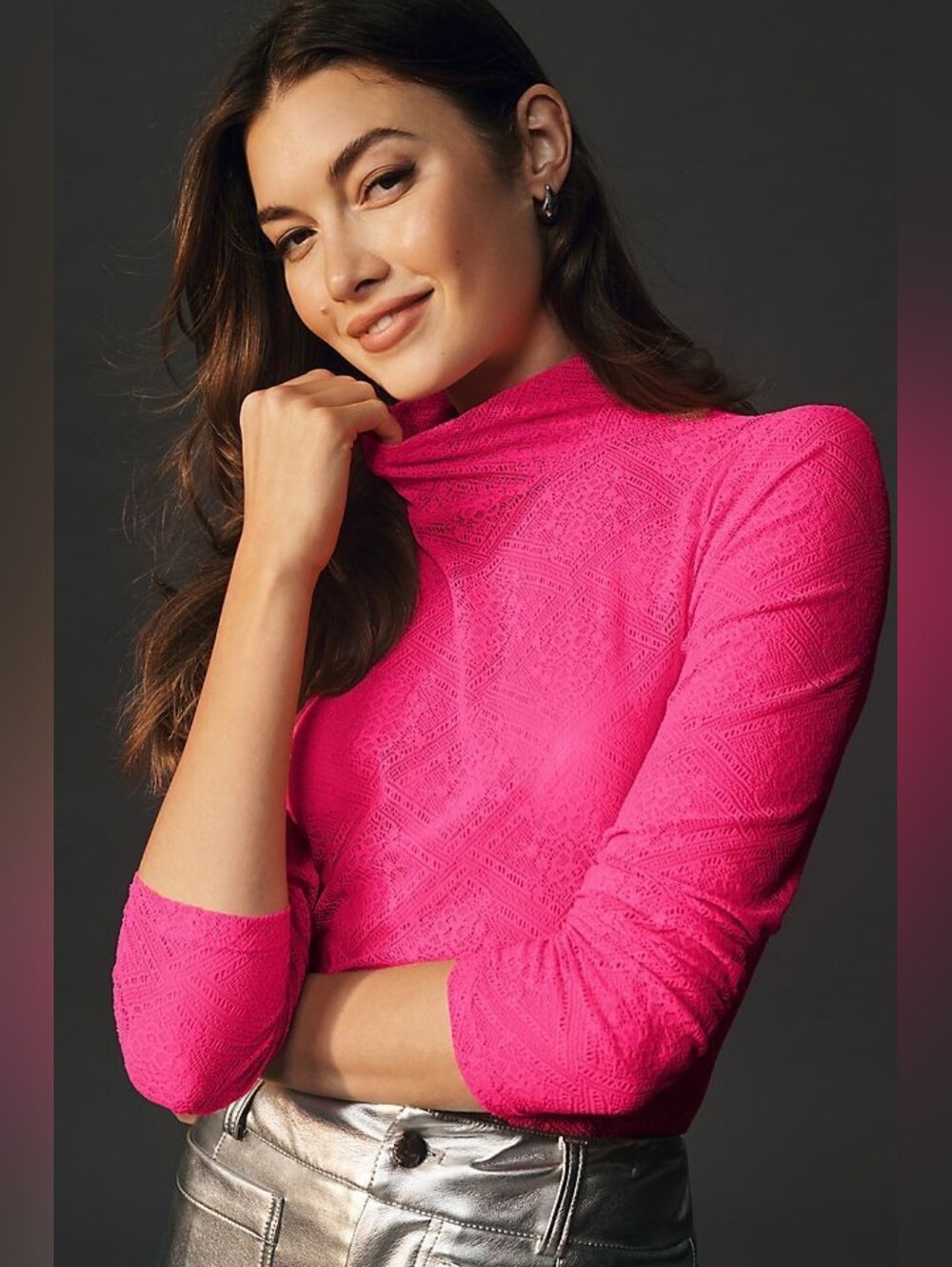 Anthropologie Sheer Lace Turtleneck Shirt Hot Pink Mock Neck Size S Summer Y2K